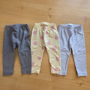 Set of 3 Leggings - Old Navy Gray, Yellow with Pink Flowers, Light Gray 12-18M